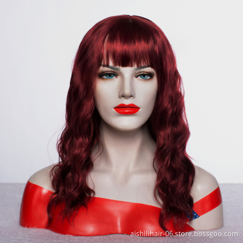 Wholesale long burgunly red natural wave wig with natural bangs synthetie hair wig for women